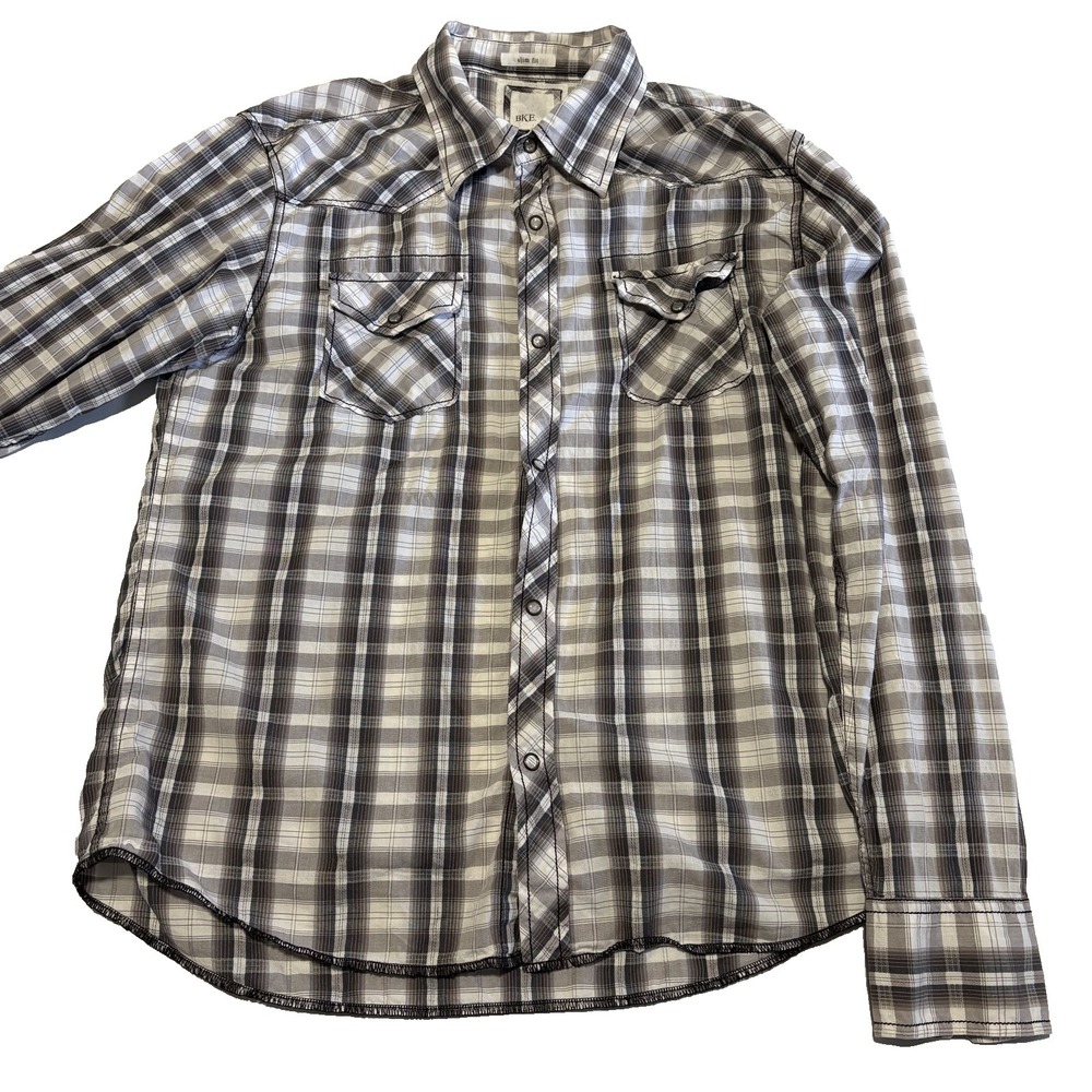 Y2K Vintage BKE Shirt Men XL Gray Plaid Slim Fit Cowboy Barn Ranch Western Rodeo